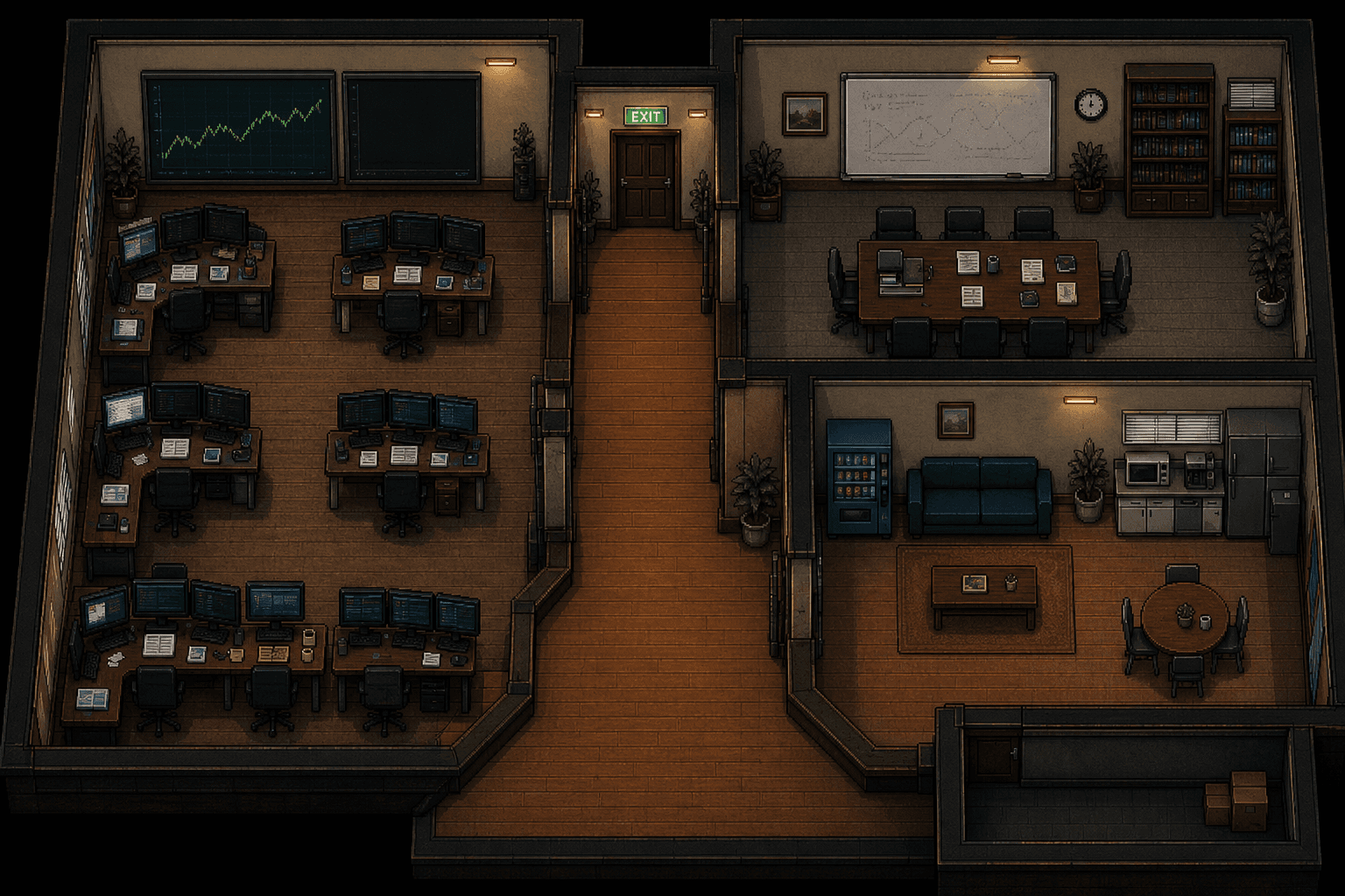 The XAUTestLab virtual office: trading floor, research room, break room